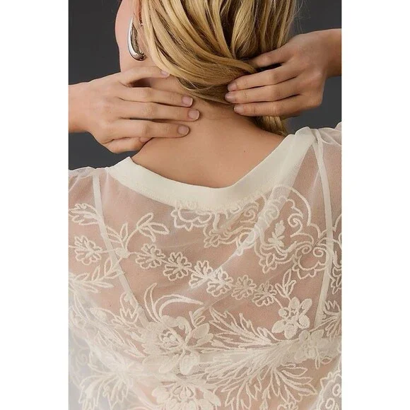 Anthropologie Short Sleeve Embroidered Mesh Top Ivory Size M - Picture 3 of 8
